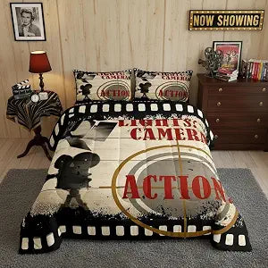 Homewish Vintage Movie Theater King Size Comforter Set,Kids Movie Theater Cinema Decor All Season Bedding Set,Teens Rustic Wooden Comforter,Girls Filmstrip Decor Quilt Set Bedroom Collection 3Pcs