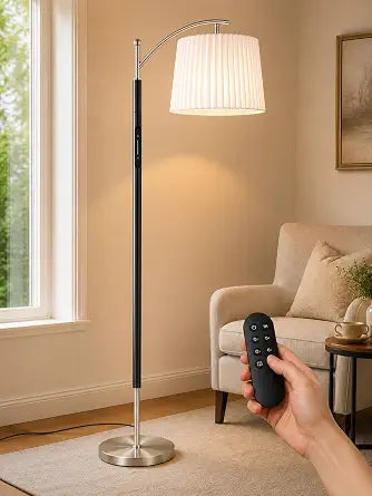 Etto Floor Lamp with Remote for Living Room, Pleated & Fabric Dual Shades