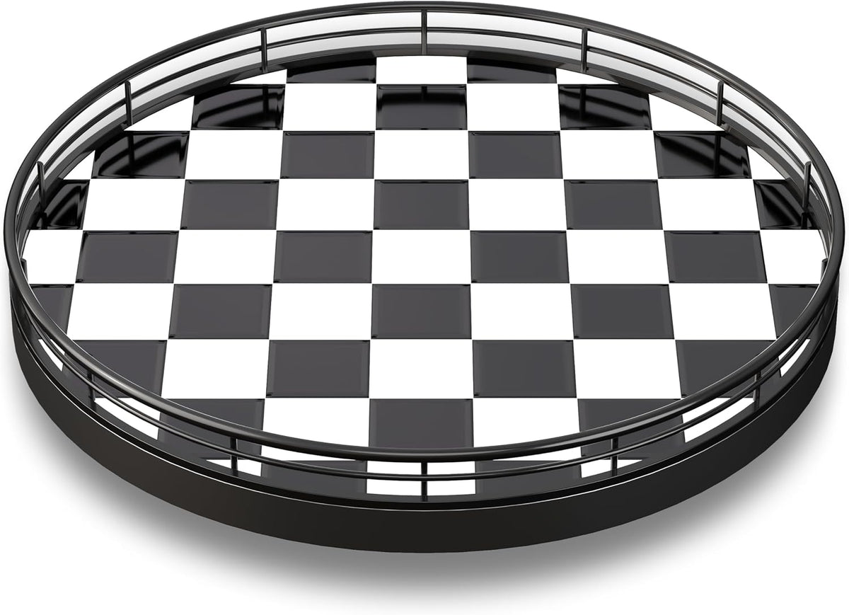 10.2-Inch Black and White Checkerboard Lazy Susan with Oak Base