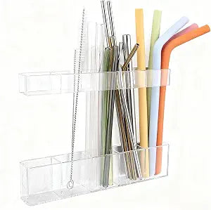 Acrylic Straw Holder for Cabinet Door - Child-Safe Organizer & Dispenser with Smooth Rounded Edges for Kitchen Accessories Storage, Adhesive Circles Included (Clear Transparent)