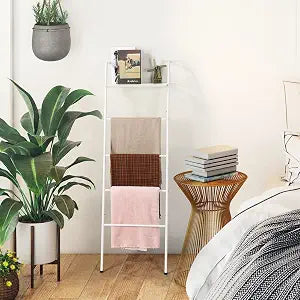 Blanket Ladder with Shelf Farmhouse Towel Rack Holder for Bathroom, White