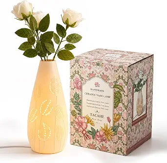 TACAHE Ceramic Vase Table Lamp - 2700K Bulb & 3 Artificial Flowers Included