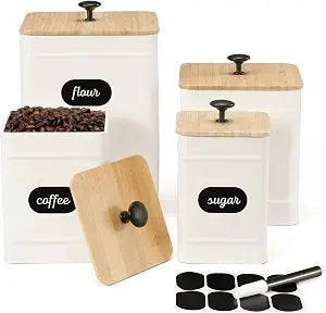 PERFNIQUE Kitchen Canisters, Airtight Canister Sets for Kitchen Counter, Kitchen Canisters for Countertop Set of 4, Coffee Tea Sugar Flour Spice Tin Jars Food Storage Container with Lid(White)