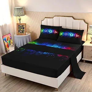 Gaming Bedding Sets for Boys - 3 Pcs Gamer Fitted Sheet Set Twin Bed Sheet Kids Bedding Black Game Gamepad Bed Set for Boys Girls Teens Room Decor with 1 Flat Sheet, 1 Fitted Sheet, 1 Pillowcases