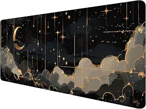 Black Gold Celestial Desk Mat - Extended Gaming Mouse Pad with Stitched Edge Non-Slip Base - 31.5"x11.8"
