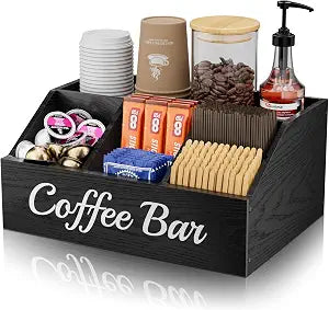 Coffee Station Organizer for Countertop  Wooden Coffee Bar Organizer with Adjustable Dividers,Holds K Cup Pod & syrup bottles, for Kitchen, Office, or Bar and Tea Station, Black
