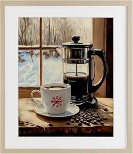 Winter French Press Coffee Kitchen, 13 x 16 Inch Framed Print Under Glass
