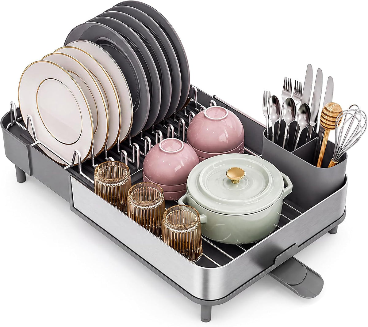TOOLF Expandable Dish Drying Rack for Kitchen Counter,Stainless Steel,Gray