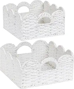 Graciadeco Scalloped Wicker Basket Natural Paper Rope Storage Baskets with Handles Handwoven Organizer Bin Wicker Storage Baskets for Home Decor, Organizing, 2 Pack (White)