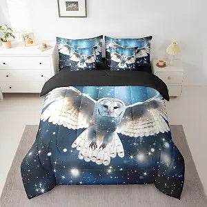 Erosebridal White Owl Comforter Set Twin Size 7 Piece Safari Animals Bed in A Bag for Kids Adults,Glitter Starlight Bedding Set Wildlife Sheet Set with Comforter