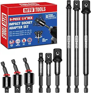 MTO 9PCS Impact Drill Socket Adapter Set, Universal Joint Socket Adapter, 1/4 Hex Shank Drill Wrench Adapter, 1/4" 3/8" 1/2" Drive for for Automotive & DIY, 2.6 to 6 Length, CR-V Steel