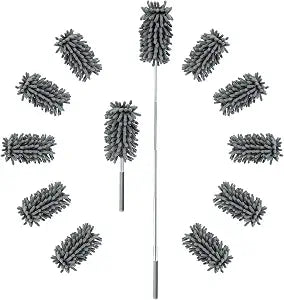 ZZ LAZYCOTTAGE 12 Pack High Duster with Extension Pole, Reusable & Washable Feather Duster, Microfiber Dusters for Cleaning for Ceiling Fan, Sofas, Ceiling, Car, Cabinet, Furniture, Blind(Gray)
