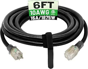 POWGRN 6 Ft 10AWG Outdoor Extension Cord Waterproof Heavy Duty, Black
