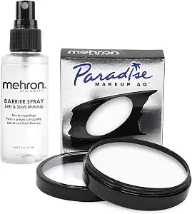 Mehron Makeup Paradise AQ & Barrier Spray Combo Pack | Before & After Setting Spray for Makeup 2 fl oz (60 ml) Plus Pro Size Water Activated Face Paint & Body Paint 1.4 oz (40 g) (White)