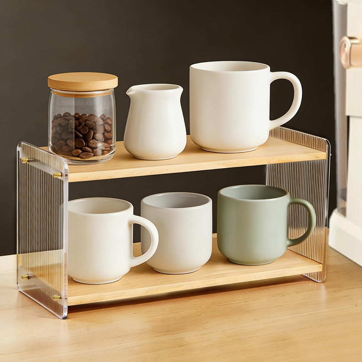 2-Tier Coffee Station Organizer & Matcha Shelf, Wood and Acrylic Mug Holder