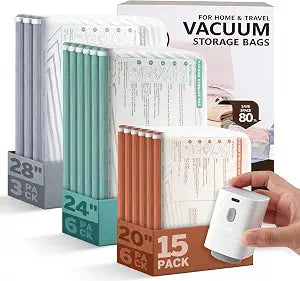15 Pack Vacuum Bags for Travel with Pump, Cordless Vacuum Seal Bags for Clothing Travel, Compression Packing Cubes for Luggage, Space Saver Vacuum Storage Bags