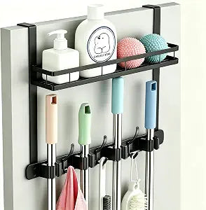 Over the Door Heavy Duty Metal Broom & Mop Holder, No-Drill Cleaning Supply Organizer with 4 Grips, 3 Hooks & 1 Storage Basket for Laundry Room & Garage