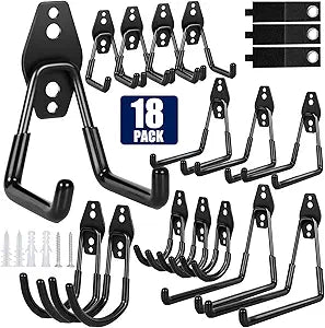 18 Pack Garage Hooks, Anti-Slip Coating, Hooks for Hanging Heavy Duty for Garages, Bicycles, Ladders, Gardening, Tools, Including 3 Organizing Straps