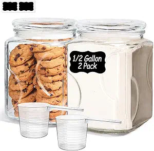 ComSaf Half Gallon Square Glass Pantry Jars with Lids 2 Pack Wide Mouth
