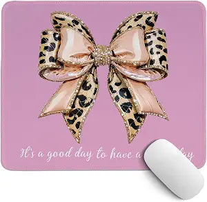 Pink Leopard Bow Mouse Pad,Coquette Pink Cheetah Bow Desk Pad,Girly Preppy Positive Affirmations Desk Mat for Girls Dorm Home Office Desktop Decor,10.2x8.2 Inch
