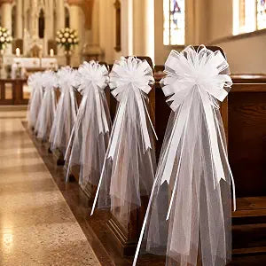 16 Set Wedding Aisle Chair Decorations White Pew Bows with Long Tulle Tails