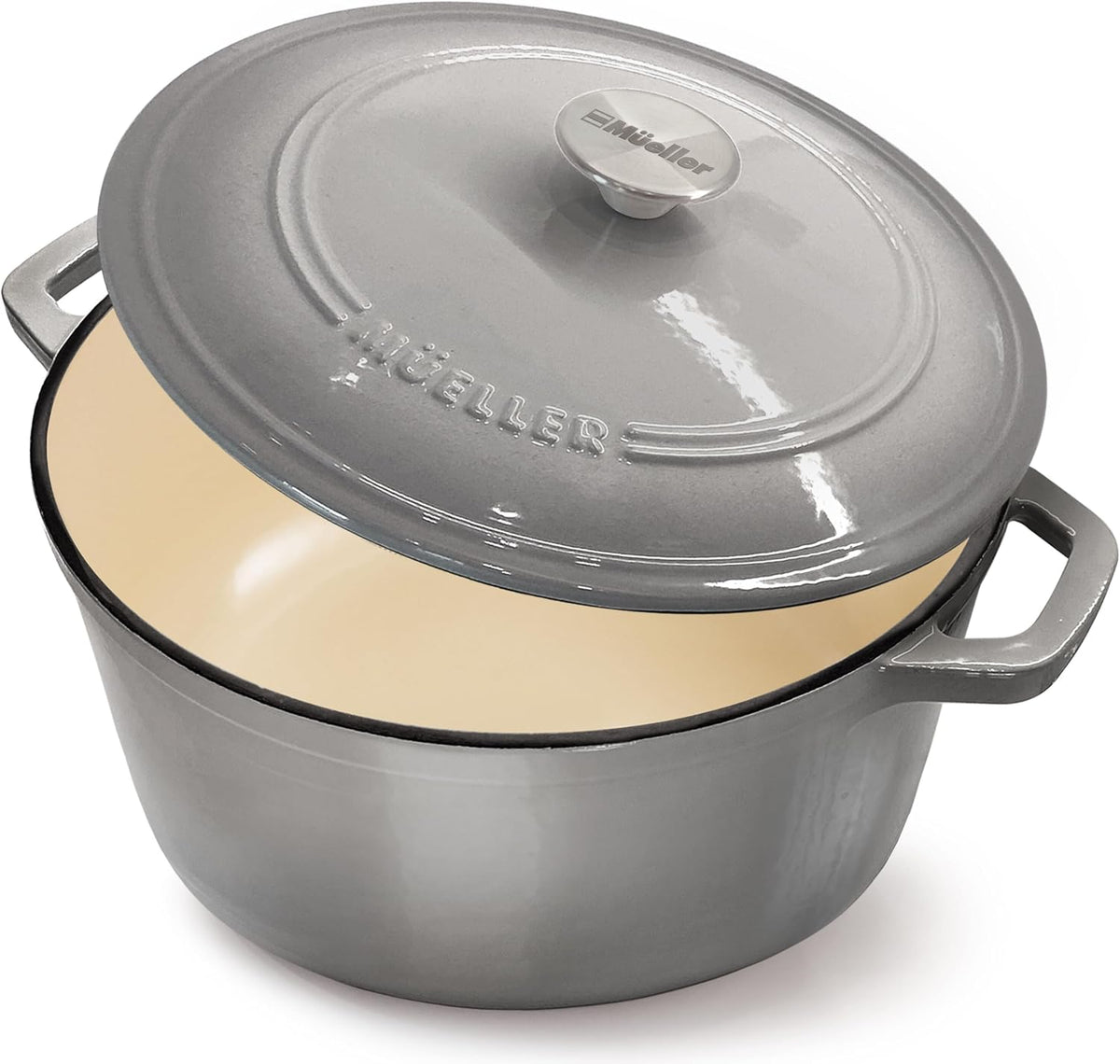MUELLER HOME 4.5 QT Enameled Cast Iron Dutch Oven, Heavy-Duty Casserole Dish and Braiser Pan with Lid and Stainless Knob, Oven-Safe up to 500 F & Across All Cooktops, Grey