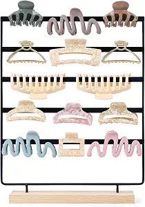 SNOWSTAR Hair Claw Clip Holder Organizer - 5 Tier Iron Rod Hair Clip Holder Storage for Women Girls, Wood Base Desktop Organizer