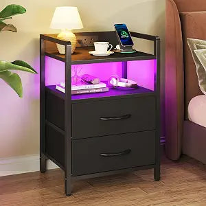 Night Stand with Charging Station, LED Nightstand with Storage 2 Shelfs & 2 Fabric Drawers, Morden End Table with U-S-B Ports & AC Outlets, Black