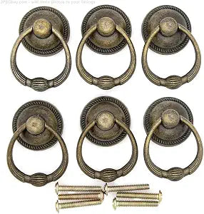 LXZ 6 PCs Vintage Antique Brass Drop Ring Pulls -Drawer Ring Handles  Ring Pull with Single Mounting Hole - Large Size, Ring Size 1.4-in (3.6 cm), Pull Height 2.1-in (5.4 cm)