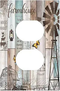 Rustic Western Windmill Vintage Barn Wooden Butterfly Outlet Covers 1 Gang Duplex Light Switch Cover Decorative Switch Plates Electrical Receptacle Faceplate Wall Plate for Farmhouse Home Decor