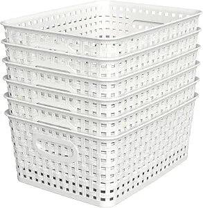WYT Woven Plastic Storage Baskets, 6 Pack White Weave Bins Organizer, 10.1" x 7.55" x 4.1"