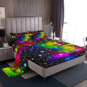 Feelyou Rainbow Galaxy Bed Sheet Queen Size Out Space Bedding Colorful Nebula Universe Deep Pockets Sheet Set 4 Pcs - 1 Falt& 1 Fitted Sheets with 2 Pillow Shams