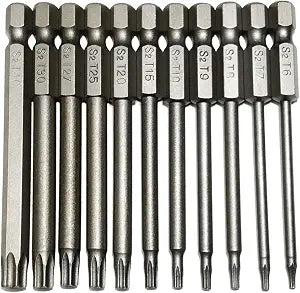 YDLQWCZ Security Torx Bit 11 Pieces 1/4 Inch Hex Shank T6 T7 T8 T9 T10 T15 T20 T25 T27 T30 T40 3 Inch Length S2 Steel Torx Head Screwdriver Drill Set (11pcs 75mm Torx Head)
