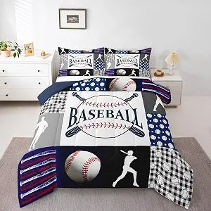 Erosebridal Baseball Quilt Set - Teen Boys Baseball Bedding Comforter, Queen Size, Black White Geometric Checkered Grids Duvet Set for All Season, 2 Pillowcases