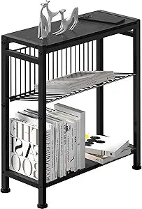 Side Table for Small Spaces, Narrow End Table with Adjustable V-Shaped Magazine Rack, 7.1"D x 17"W x 21.7"H, Black