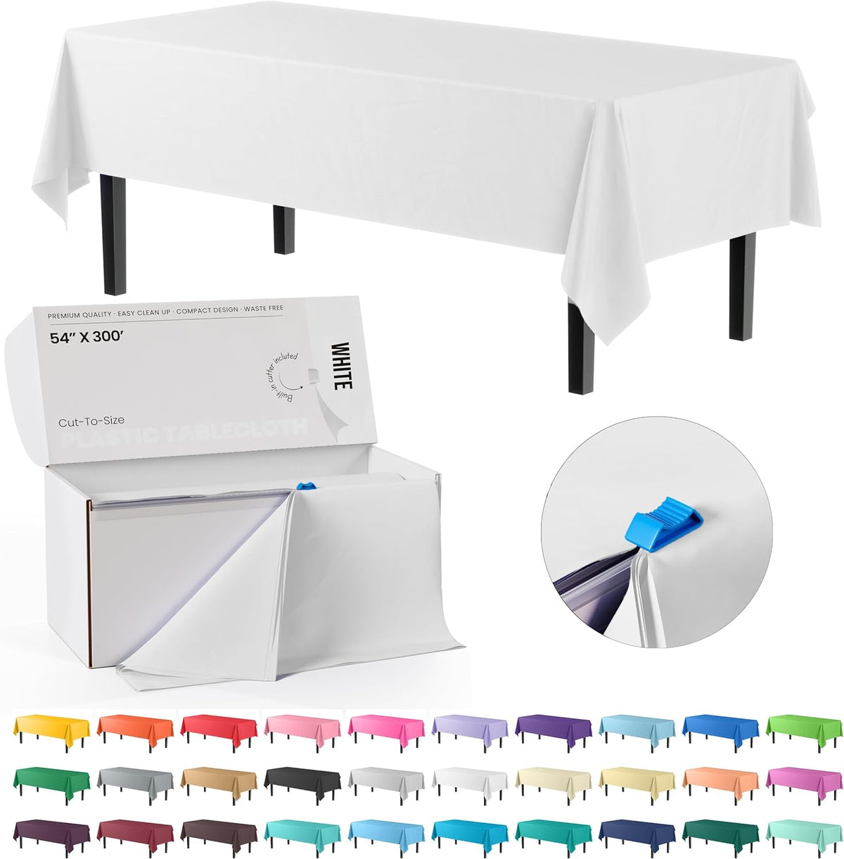 Party Solids 54 Inch X 300 Feet Value Pack White Plastic Table Cover Roll in A Cut - to - Size Box with Convenient Slide Cutter. Cuts Up to 36 Rectangle 8 Feet Plastic Disposable Tablecloths