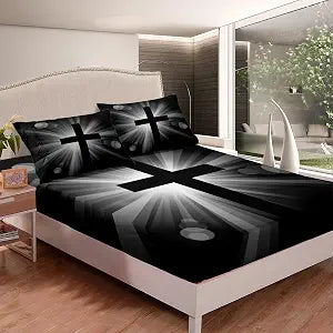 Feelyou 3D Cross Print Bed Sheet Set for Boys Girls Adults Holy Cross Fitted Sheet Western Culture Bedding Set Christian Exotic Bed Cover,Room Decor 3Pcs Sheets Queen Size,Black