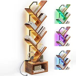 Casaottima Tree Bookshelf with LED Lights, 6-Tier Small Bookshelf, Vintage