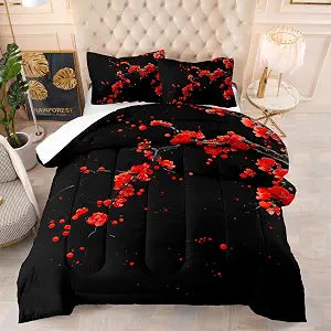 Suncloris Red Cherry Blossom Comforter Set Twin, Ultra-Soft, 2 Pillowcases