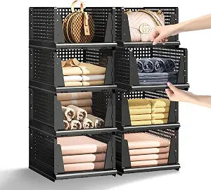 Folding Closet Organizer and Storage for Shelves, 5 Pack Stackable Plastic Storage Basket for Closet, Top Bottom of Closet Organizer, Drawers Organizer for RV, Camper, Pants, Clothes, Office