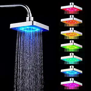 Rain Shower Head with 7 Colors LED Romantic Light, Water-driven Waterfall Showerhead Color Changing, Square Modern Adjustable Shower Heads for Water Bath Home Bathroom