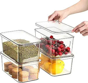 Clear Storage Bins With Lids,4 Packs Food Storage Organizer,Stackable Kitchen Cabinet,Bathroom Basket,Fridge Organization.Pantry Transparent Containers For Fruits,Drinks