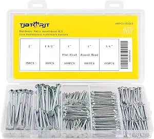 400Pcs Nail Assortment Kit, 5 Sizes Wood & Finishing Nails Set Up to 2 Inch, Flat &Round Head Hardware Nails for Woodworking, Home Repair & Light Picture Hanging