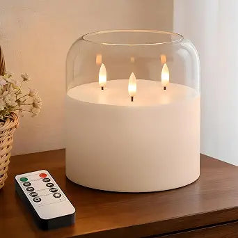 Clear 3 Wick Glass Real Wax Flameless Battery-Operated LED Pillar Candle