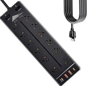 Heavy Duty Power Strip Surge Protector,20A 2500W,Widely 12 Outlets/Dual Switches,20W Fast Charging/PD 20W/QC3.0,350 Joules Protection,12 Gauge 6.5ft Cord, Commercial