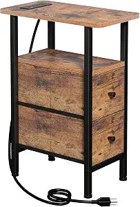 LOAKEKEL Narrow End Table with Charging Station, Small Nightstand