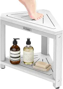 Corner Shower Stool 14in Small Bench Storage Shelf White