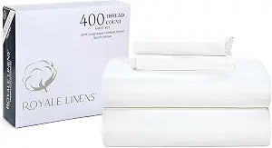 ROYALE LINENS 400 Thread Count 100% American Grown Cotton 4 Piece Sateen Full Sheet Set - 1 Fitted Sheet, 1 Flat Sheet, 2 Pillow case - White Full Bedsheet - Cotton Sheets - (Full, Signature White)