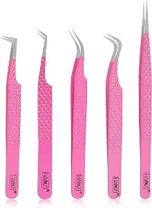 HADIZ Fiber Tip Eyelash Extension tweezers Lash Tweezer Japanese Steel set of five (Raspberry)