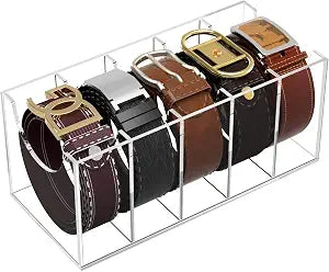 NIUBEE Belt Organizer for Closet, Acrylic Belt Box, Belt Storage, 5 Grids